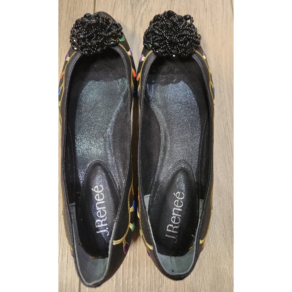 J. Renee Womens Black Christmas Ballet Flats Lights Embroidered Beaded Pom 7.5M